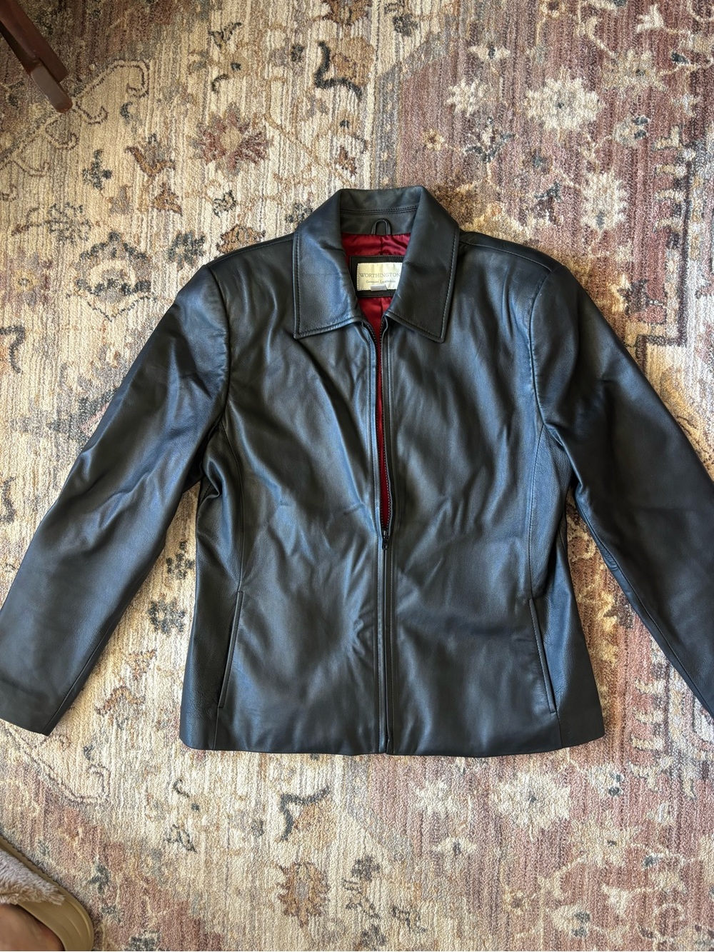 Genuine Lambskin Worthington Black Leather Jacket with Red Lining